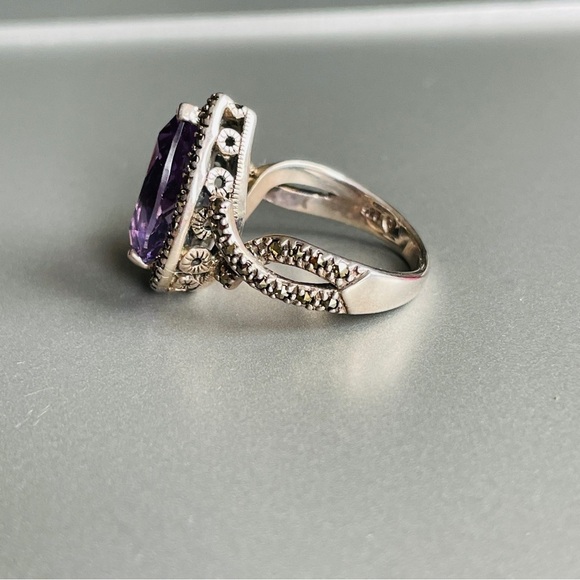 Amethyst, Marcasite Teardrop Sterling Silv. PJ Designer Ring February Bi… - Picture 8 of 12